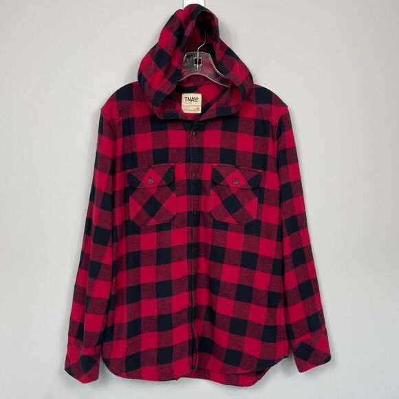 Aritzia TNA Brewster Boyfriend Hooded Buffalo Plaid Flannel Shirt Shaket M Red - Picture 6 of 16